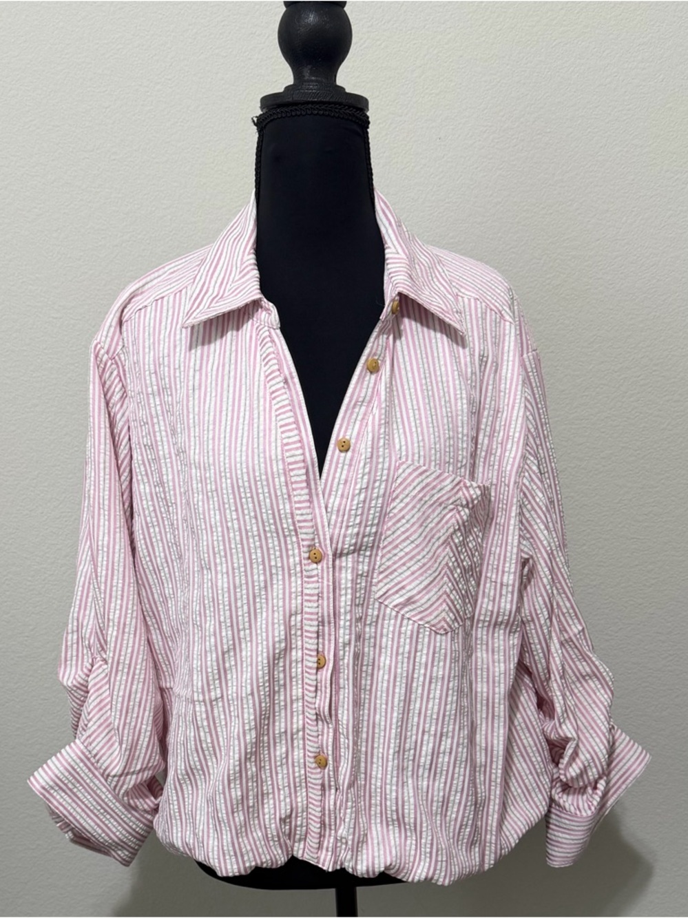Democracy Pink and White Striped Button-Up Shirt
